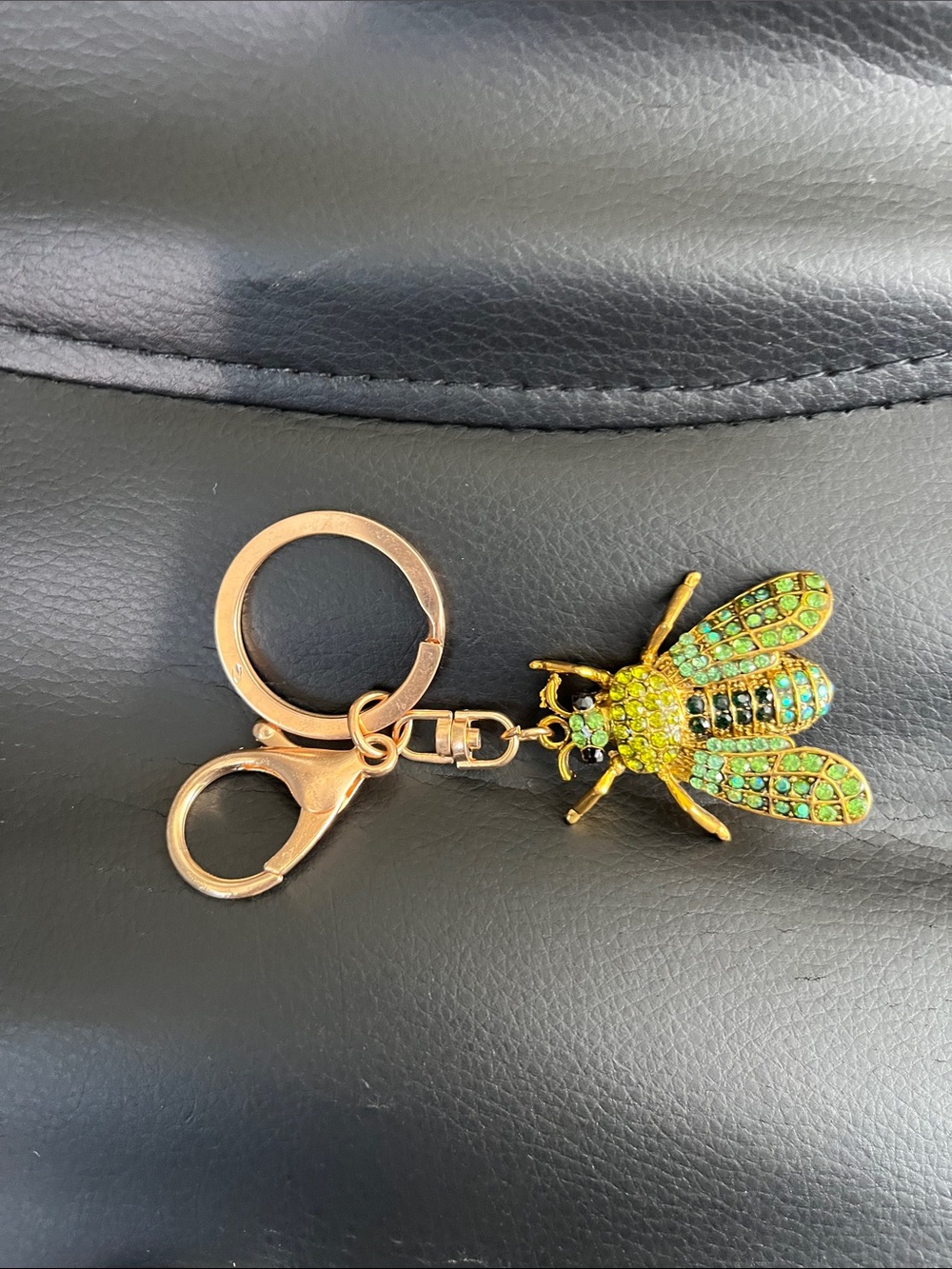 Gold-Tone Bee Key & Card Holder Charm with Green Crystal Accents